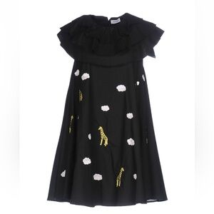 Au Jour Le Jour Black Ruffle mini Dress with Yellow Giraffe and White Clouds